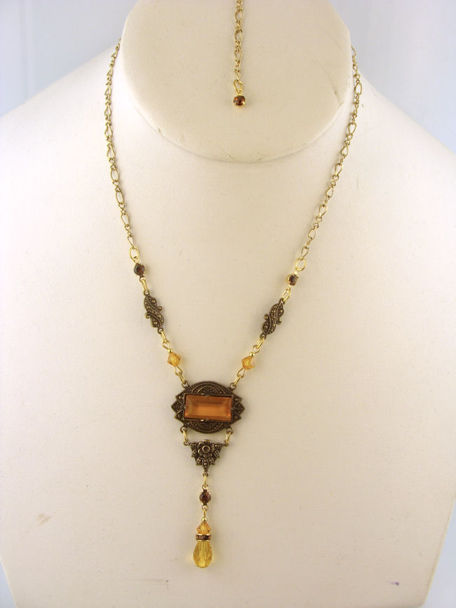 Art Deco Style Topaz Glass Crystal Lavaliere Necklace