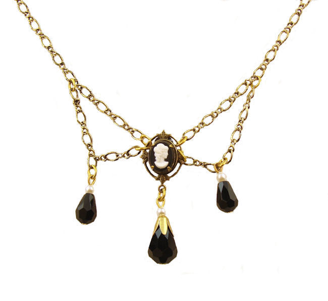 Cameo and Jet Austrian Crystal Festoon Necklace Victorian Style