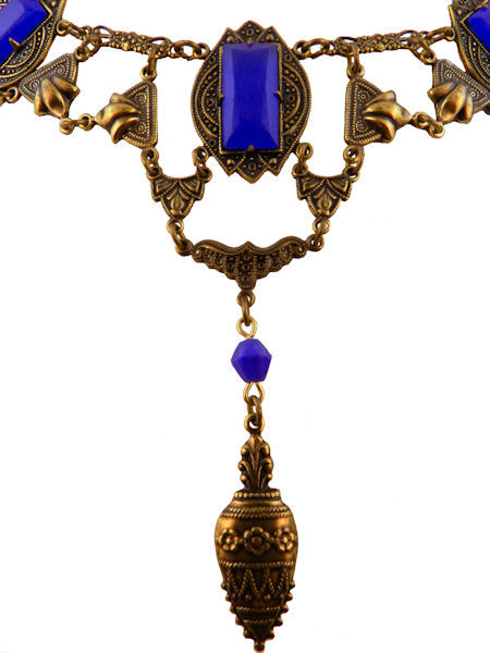 Beautiful Victorian Art Nouveau Brass Lapis Art Glass Vintage Necklace
