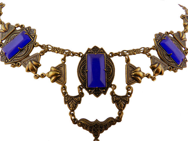 Beautiful Victorian Art Nouveau Brass Lapis Art Glass Vintage Necklace